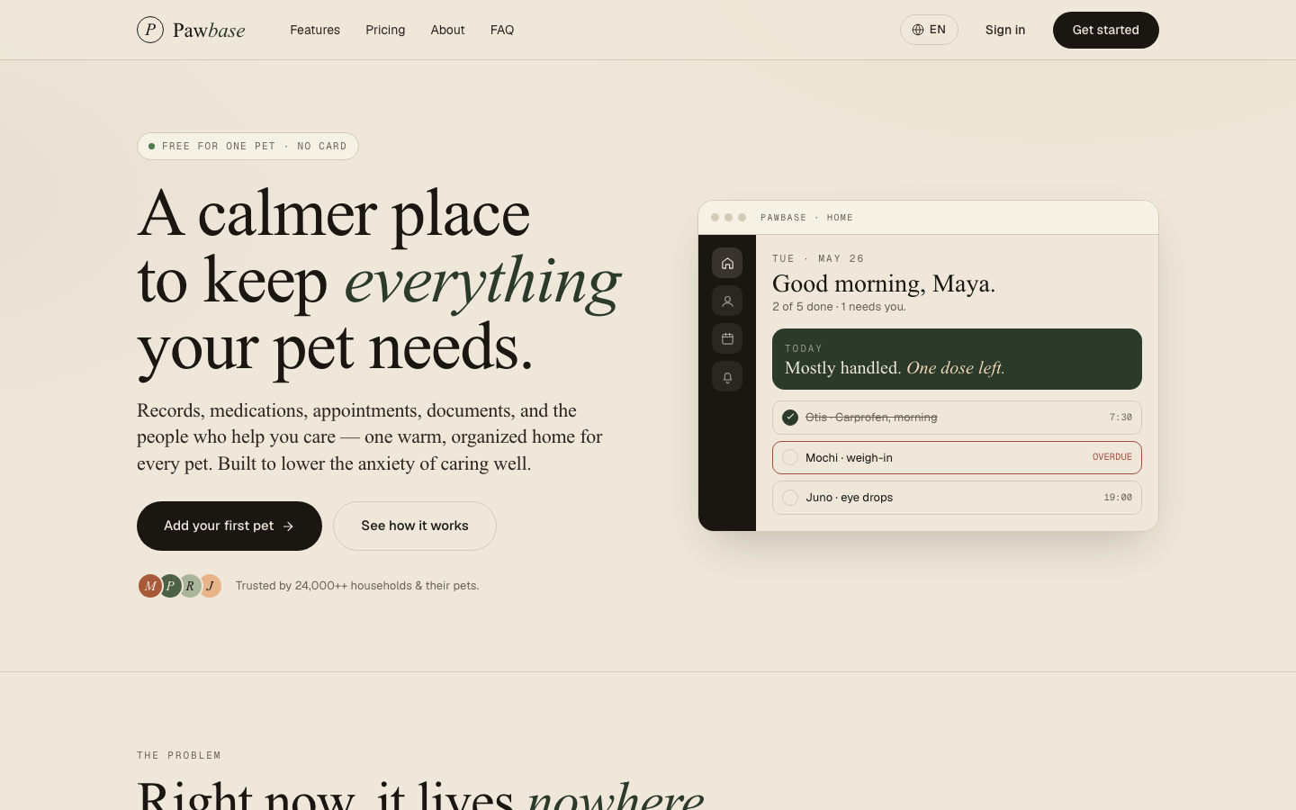 Pawbase dashboard: a calm home screen listing a pet's tasks and medications.